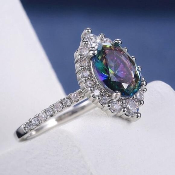 NEW 925 STERLING SILVER MYSTIC TOPAZ HALO RING, CUTE RING, SHINY RING. - Picture 7 of 9